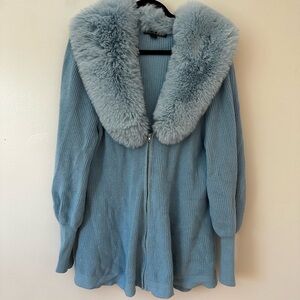 Boston Proper Blue Sweater with Faux Fur Collar 100% cotton